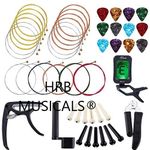 HRB MUSICALS® 50 Pcs Guitar String Tool Kit Including 3 Guitar Strings SET, 1 Guitar Tuner, 15 Picks, 1 black Capo with Pins remover, 1 pick holder, 12 Guitar pins, 1 guitar Cutter and 1 Winder