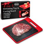 4-in-1 Defrosting Tray for Frozen Meat with Cutting Board, Knife Sharpener & Garlic Grater - Self Thawing Tray & Non-Slip Red Chopping Boards by EliKai