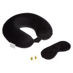 Amazon Basics Memory Foam Travel Neck Pillow with Eye Mask & Ear Plugs Combo|Ultra Soft Velvet Fabric|Ergonomically Designed for Ultimate Comfort for Air, Car, Train, Bus Travel- Black, Standard Size
