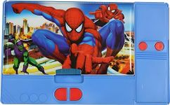 RETRIX Jumbo Plastic Pencil Box- Big Size | Suitable For Girls And Boys Both| Double Sided With 6 Hidden Push Button Pockets | Push Button Sharpener| Perfect Return Gift (Spiderman Blue)