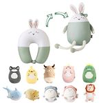 JOYRAVO 2-in-1 Travel Pillow for Kids - Soft and Adorable Animals Plushie That Converts into a U-Shaped Neck Pillow for Ultimate Comfort During Airplane, Train, Bus Trip -Green Rabbit