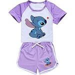 Girl Summer Short Set Stit-chs Cartoon Outfits Graphic T Shirt Sweatpants 2Pcs Tracksuit Purple 7-8 Years