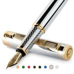 Scriveiner Silver Chrome Fountain Pen - Stunning Luxury Pen with 24K Gold Finish, Schmidt 18K Gilded Nib (Extra Fine), Best Pen Gift Set for Men & Women Professional Executive Office Nice Designer Pen