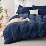 HYMOKEGE Duvet Cover Queen 3 Pieces, Navy Seersucker Duvet Cover Set, Luxury Soft Brushed Microfiber Bedding Set with 1 Comforter Cover & 2 Pillow Shams, 90x90 Inch