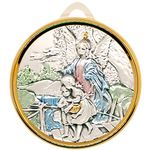 Guardian Angel Guiding Children Crib Medal | Silver-Tone Plaque with Gold-Tone Ring | Includes Blue and Pink Ribbons | Great Catholic Gift for Christening and Baptism | Christian Nursery Décor