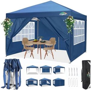 COBIZI 10x10 Pop Up Canopy Tent with 4 Sidewalls, Easy Up Canopy 10x10 Waterproof Commercial Outdoor Gazebo Portable Shelter Instant Tents for Parties,Backyard,Flea Market(Carrying Bag×1,Blue.