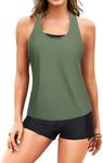 Yonique 3 Piece Womens Tankini Swimsuits with Shorts Athletic Bathing Suits Tank Tops with Bra and Boyshorts, Army Green, X-Small