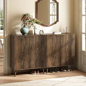 Sscaktu Fluted Shoe Cabinet with Doors Set of 2, 5-Tier Shoe Storage Cabinet with Adjustable Shelves, Wooden Freestanding Shoe Organizer Shoe Cabinet for Entryway,Hallway,Living Room, Walnut