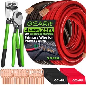 GearIT 4 Gauge CCA Ground Wire (25FT Each - Black and Red) All-in-One Kit: Crimping Tool, Cutter, 15 Lugs, and 20 Heat Shrink Wrap