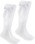 ITRAT 2 Pairs Knee High School Socks Girls Cotton Socks Back to School Socks with Fluffy Ribbons Bow Party Wear Stocking Comfort Fit Long Kids School Sock Uniform Girls Bow Knee High Sox (White 9-12)