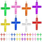 72 Pieces Crystal Cross Necklace Plastic Cross Necklace Church Welcome Necklace Christian Religious Party Supplies for Sunday School Vacation Bible School Religious Easter, 8 Colors, Plastic