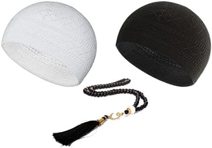 ESERRA Kufi Hats for Men Muslim, Prayer Cap, Handicraft Taqiyah, Taqiyah Cap, Muslim Tasbih 99 Beads, Muslim Prayer Beads, White and Black, One Size