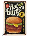 Swono Hot Burgers Tin Signs,Retro Poster Design with Big Hamburger on Old Metal Background Vintage Metal Tin Sign For Men Women,Wall Decor for Bars,Restaurants,Cafes Pubs,12x8 Inch