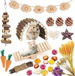 MOMOONNON Hamster Chew Toys Set Natural Wooden Hamster Toys Coconut Hamster House Artificial Plant Dried Flowers Teeth Small Animal Toys Cage Landscaping for Chinchillas Guinea Pigs Pet Mice