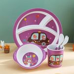 Nyari Creations Bamboo Fiber Kids Tableware | No Plastic Kids Plate Set with Bowl Cup Fork Spoon Tableware for Baby Dining Set Eco Friendly Bamboo Fiber Dinner Set for Kids (Set of 5 Pc) Purple