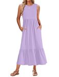 WNEEDU Womens Summer Dresses 2024 Sleeveless Maxi Dress Crewneck Casual Flowy Tiered Swing Dress with Pockets, Light Purple XL