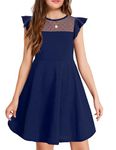 Arshiner Girls Dress Plain Flutter Sleeve Mesh A Line Skater Dress Party Sundress with 2 Side Pockets Casual Summer Dresses 11-12T Navy Blue 150