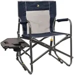 GCI OUTDOOR Freestyle Rocker with Side Table Camping Chair | Portable Folding Rocking Chair with Solid, Durable Armrests, Drink Holder & Comfortable Backrest — Heathered Indigo