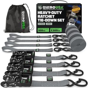 Rhino USA Lot 4 Sangles d'Arrimage à Cliquet - Résistance Rupture Max 2000 kg - Sangle a Cliquet 4cm x 2.4m Poignées Rembourrées - Sangle de Demenagement Moto Remorque Camion - Gris