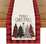 Artoid Mode Watercolor Red and Black Buffalo Plaid Christmas Trees Table Runner, Merry Xmas Winter Holiday Kitchen Dining Table Decoration for Indoor Outdoor Home Party Decor 33 x 273 cm