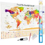 Premium Scratch Off World Map - Rainbow Water Colours Edition w Outlined Canadian Provinces & US States - 5 PCS Bundle - The Ultimate Travel Gift Poster w Canada & Gold Flags