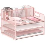 JMHUD 3-Tier Paper Letter Tray Organizer with Pen Holder, Mesh Desk Accessories & Workspace Organizers with Handle, File Sorter Office Supplies for Desk,Pink