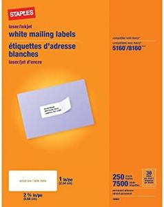 Staples 479884 Laser/Inkjet Address Labels 1-Inch x 2-5/8-Inch White 30 Labels/Sheet