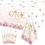 4 Pack Floral 1st Birthday Tablecloths, Little Miss Onederful Birthday Party Table Cover, 51x87'' Rectangle Flower One Year Old Birthday Party Table Covers for Girls First Birthday Party Decorations