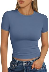 Trendy Queen Womens Short Sleeve T Shirts - Buttery Soft Summer Crop Tops Slim Fit Y2k Basic Tees for Workout Dusty Blue XS