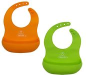 Infantso Baby Waterproof Silicone Bib for Feeding Infants and Toddlers With Adjustable button Green & orange Pack of 2