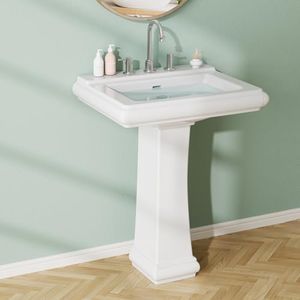 GarveeTech Rectangular Pedestal Sink, Bathroom Pedestal Sink 26 X 20 Inch White Ceramic Pedestal Bathroom Sink with Overflow & 3 Pre-Drilled Holes for 8-Inch Faucets
