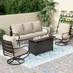 PHI VILLA 4 PCS Patio Furniture with FirePit Table, Outdoor Furniture Set with 1 x 45“ Metal Firepit Table, 1 x 3 Seater Cushioned Deep Seating Bench & 2 x Swivel Sofa Chairs