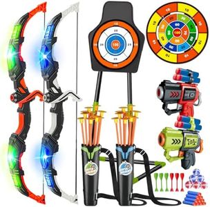 VATOS 2 Pack Bow and Arrow Toy for 5 6 7 8 9 10 11 Year Old Boys Girls, Light Up Archery Toy with Cup Suction Standing Target & 29 in Dart Board, Indoor Outdoor Activity Toys Birthday