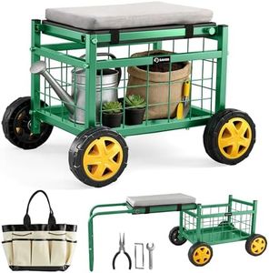 Saker Rolling Garden Cart with Seat & Wheels 15.7" EVA Padded Stool 500lb | Steel Frame,Large Storage Basket, Luxury Version, for Patio, Lawn, Yard – Mobile Workseat with Tool Carrier(Luxury Version)