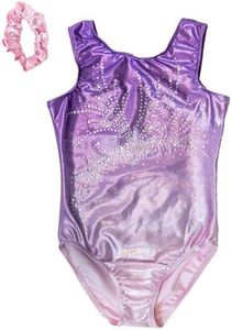 Destira Pixie Dust Gymnastics Leotard For Girls, Glittering Purple Tank With Dazzling Crystals And Matching Scrunchie, Child XX-Small (3T)