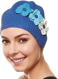 Beemo Swim Bathing Caps for Women Latex Triple Flowers-Navy w/ Blue Colored Flowers