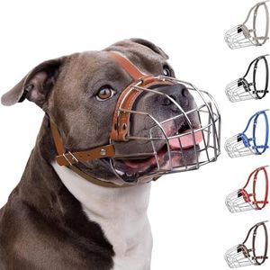 BRONZEDOG Pitbull Dog Muzzle Breathable Metal Basket for Large Dogs Amstaff Staffordshire Terrier Biting Chewing Barking (one size, Leather Brown)