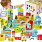 Onshine 62pcs Wooden Building Blocks Set with Wooden Cars, Shape Sorter Box, Puzzle Mat, Construction Building Toy Stacking Bricks for Toddlers Kids 3 Year Olds