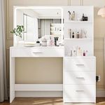 Rovaurx Makeup Vanity with 3-Color Dimmable Lighted Mirror, Large Vanity Table with Side Storage Shelf & 4 Drawers, Bedroom Dressing Desk, Brightness Adjustable, White RSZT107W