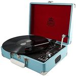 GPO Attache Vinyl Record Player with Built-in Speakers, Vintage Turntable Portable Player Compatible with External Speakers, USB Direct Recording, Sky Blue