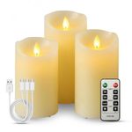 LTETTES Real Wax Rechargable LED Pillar Candles Set of 3 | Flameless flickring Wick | USB Type-C Cable with Remote | Perfect for Home Decor and Gifting | H-4'', 5'', 6'' x D-3'' | Ivory