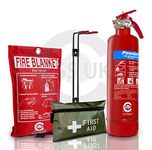 BSI KITEMARKED FSS UK 1 KG ABC Dry Powder FIRE Extinguisher + CE Marked FIRE Blanket + First AID KIT. Boats Homes Kitchen Work Offices Warehouses GARAGES Hotels Restaurants. 21B Rating