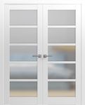 French Double Panel Lite Doors 48 x 80 with Hardware | Quadro 4002 White Silk with Frosted Opaque Glass | Panel Frame Trims | Bathroom Bedroom Interior Sturdy Door…