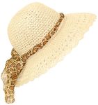 Ladies Straw Sun Hat Packable Large Brim BNWT Leopard Print Scarf Band (57CM, NATURAL)