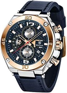 BY BENYAR Orologio uomo Cronografo Analogico Impermeabile Orologi al quarzo di sport con Blue Leather Strap commerciali Orologi da polso per gli uomini