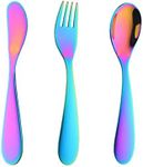 Rainbow Children Cutlery Metal, 3 Pcs Stainless Steel Kids Flatware Set with Knife/Fork/Spoon, Todler Silverware Healthy & Mirror Polished, Dishwasher Safe