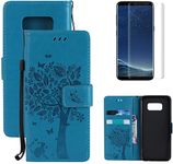 for Samsung Galaxy S8 Wallet Case and Screen Protector,OYIME [Butterfly Tree Embossed] Pattern Design Leather Holder Full Body Protection Bumper Kickstand Card Slot Function Magnetic Closure Flip Cover with Wrist Lanyard - Blue Cat