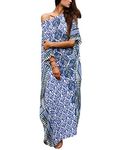 Orshoy Women Kaftan Loose Printed Rayon Summer Long Maxi Dress Bohemian Beach Bikini Cover Ups Night Wear Blue Print