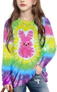LAZYCHILD Kids Easter Shirt Girls Happy Easter Shirts Rabbit Graphic Long Sleeve Striped Tee Tops 5-14 Years