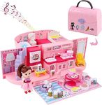 BLiSS HUES 2-In-1 Light & Music Portable Pink Doll House Play Set With Carry Case And Doll Mini Doll House In A Stylish Handbag- Great Gift Dollhouse Set For Kids